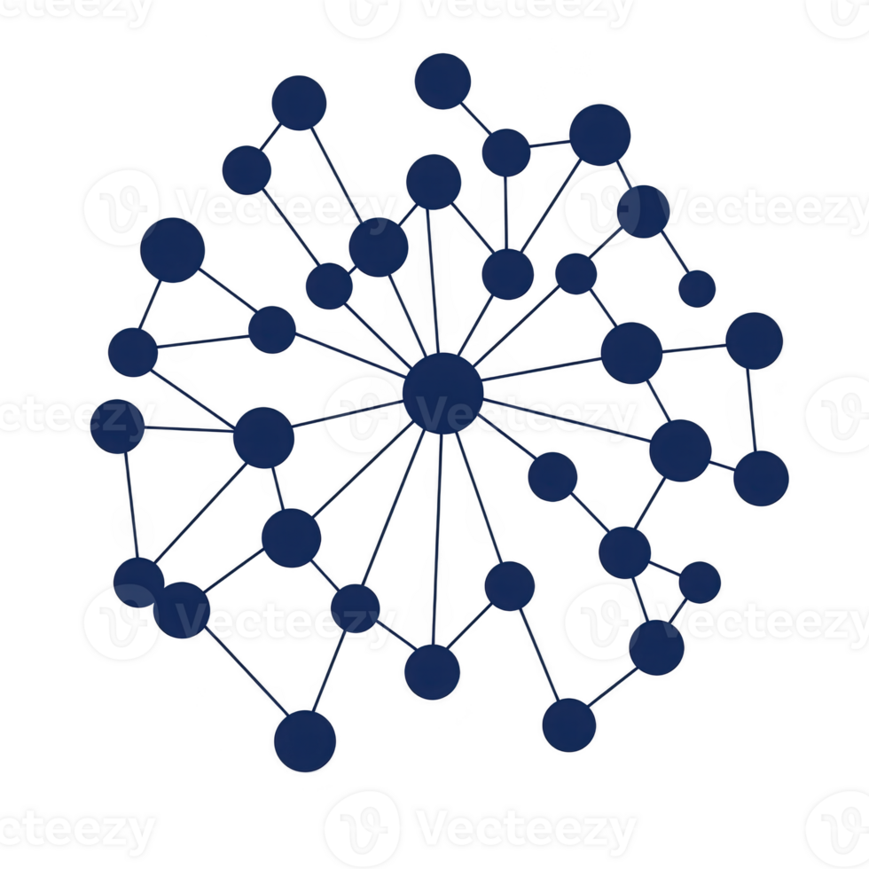This features blue network diagram with interconnected nodes and lines, representing concept of connectivity or communication. central node is larger, indicating hub or main point of connection png