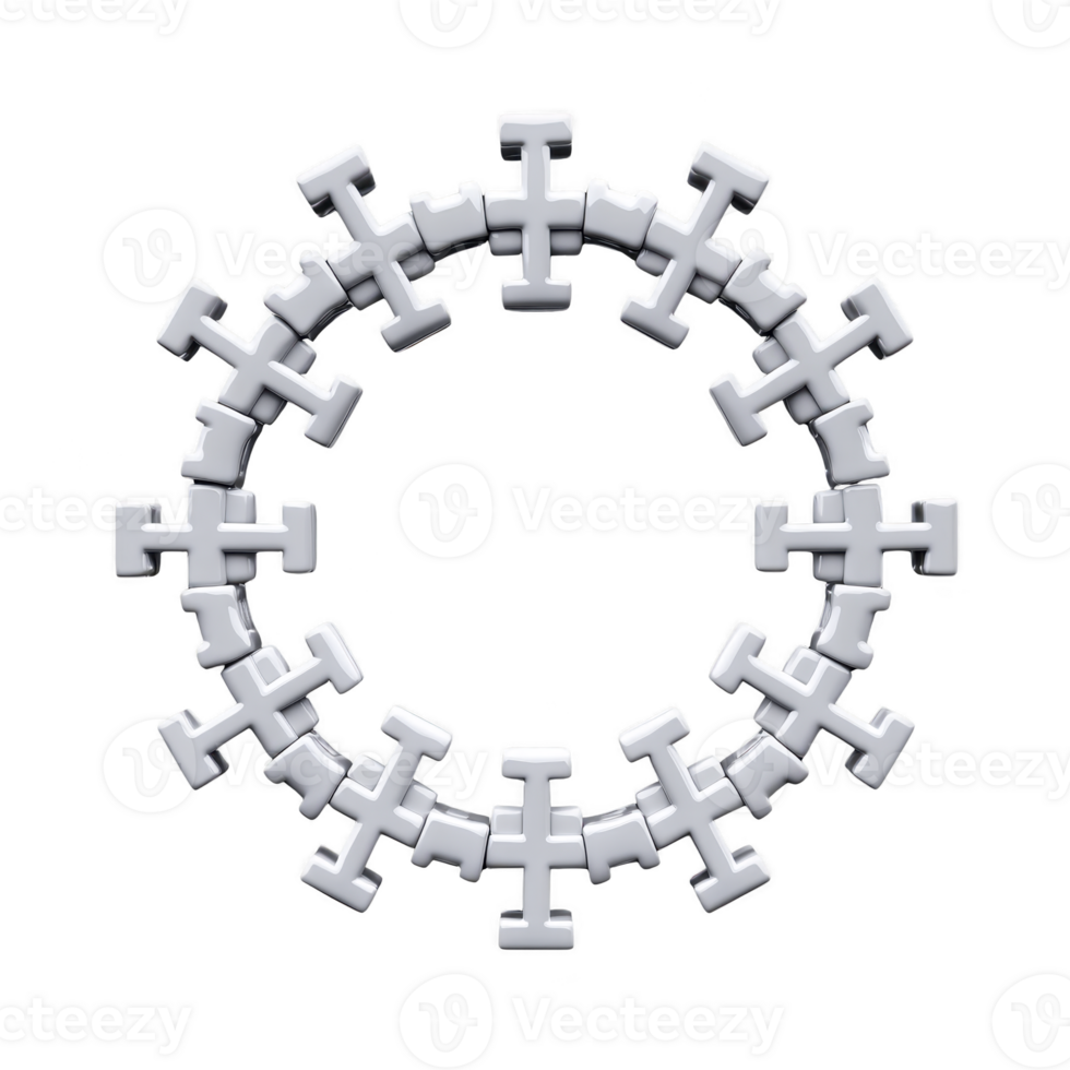 circular arrangement of interconnected white geometric shapes forms symmetrical pattern, resembling mechanical or abstract design. structure is composed of repeating elements, creating sense png