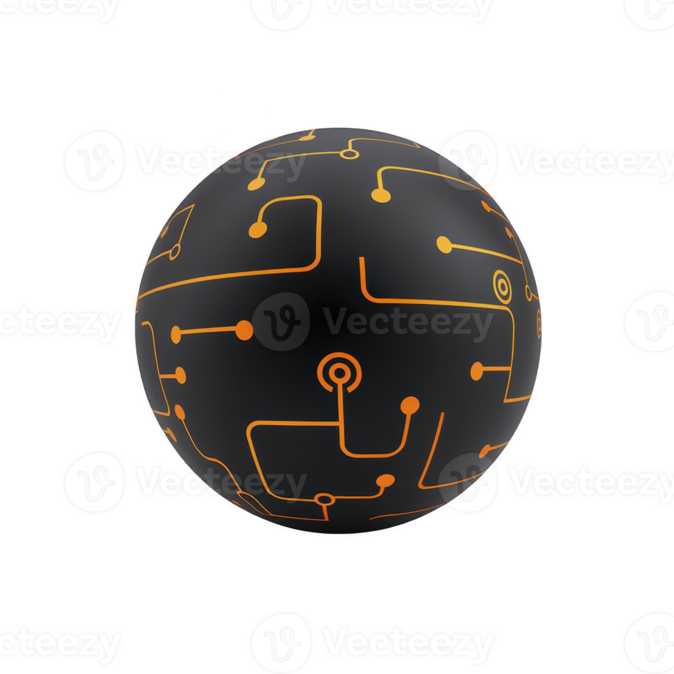 black sphere with orange circuit patterns creates futuristic and technological appearance, symbolizing innovation and digital connectivity. design is sleek and modern png