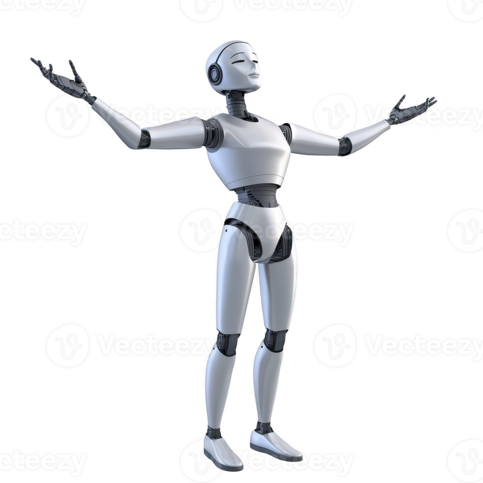humanoid robot with sleek white and black design stands with arms outstretched, conveying sense of openness and welcome. robot smooth, futuristic appearance highlights advanced technology png