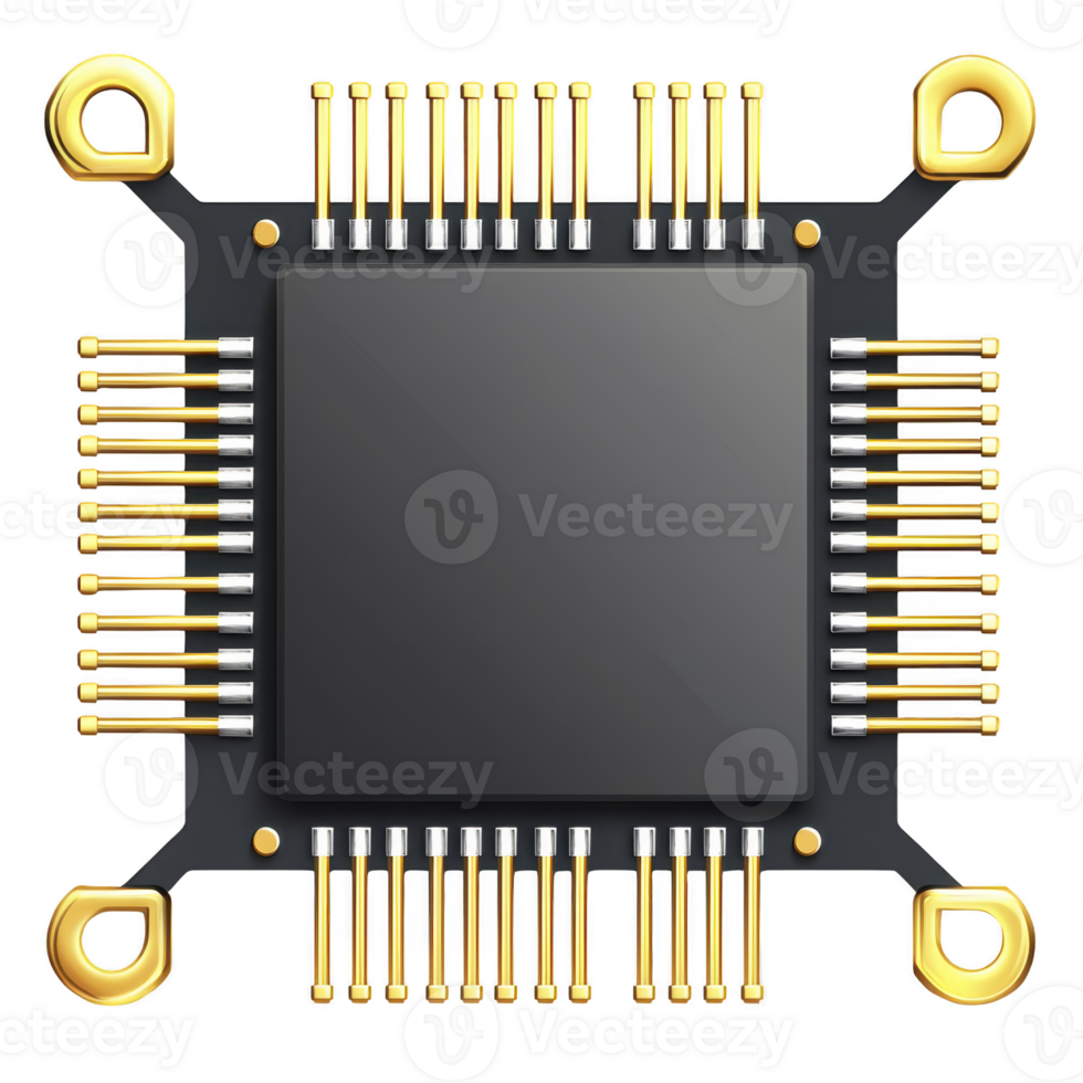detailed illustration of microchip with gold connectors, showcasing intricate electronic components. design highlights complexity and precision of modern technology png