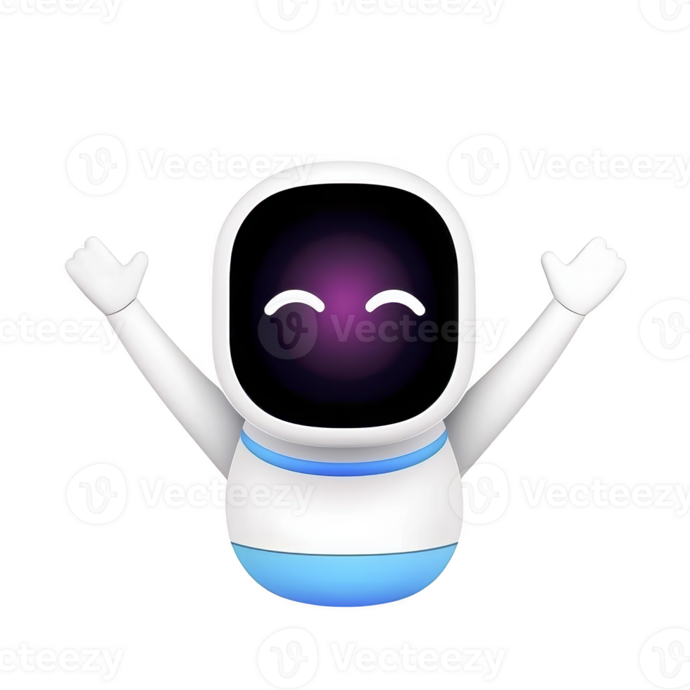 cute, smiling robot with round head and glowing face raises its arms in joyful gesture. robot design is sleek and modern, featuring white and blue color scheme png
