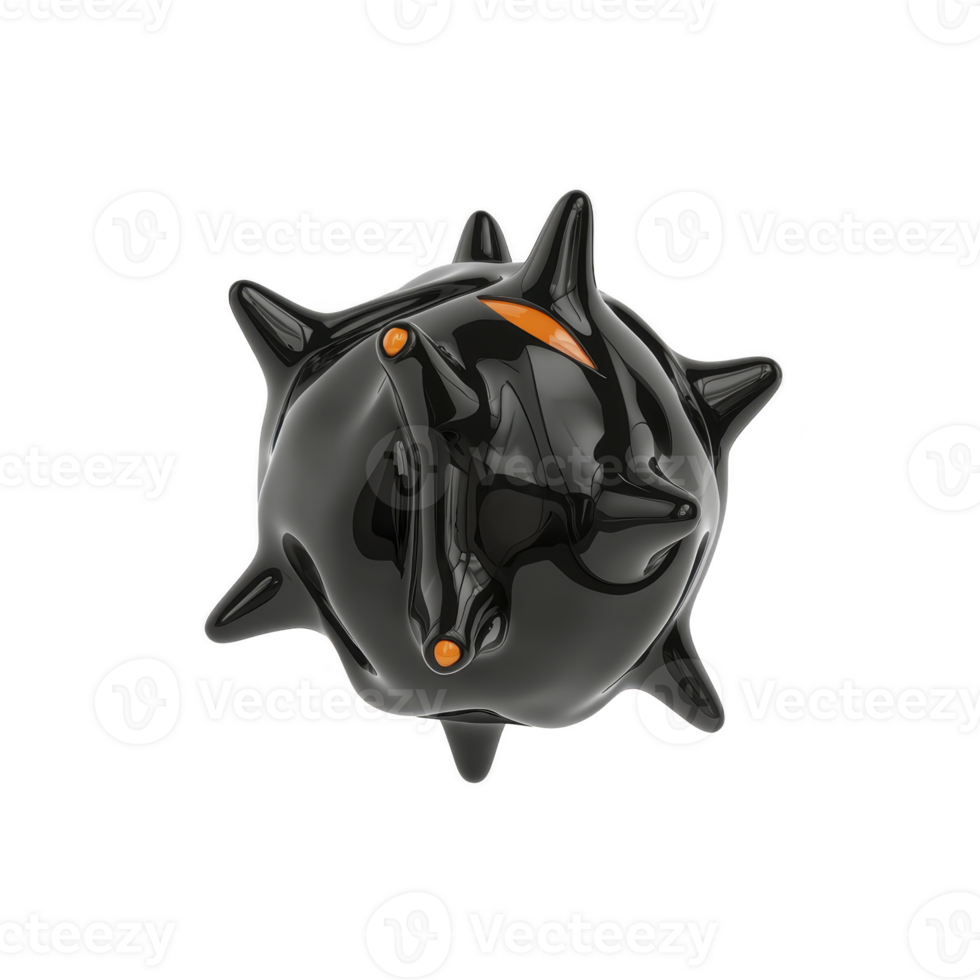 glossy black 3D abstract shape with spikes and orange accents, resembling futuristic object or digital art piece, floating against transparency background png