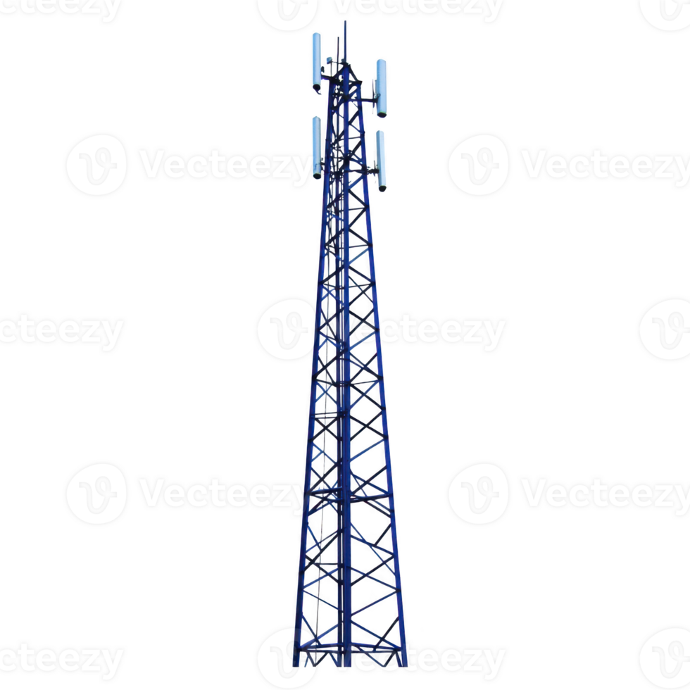 tall blue telecommunications tower stands against clear background, featuring multiple antennas for signal transmission. structure is designed for efficient communication and connectivity png