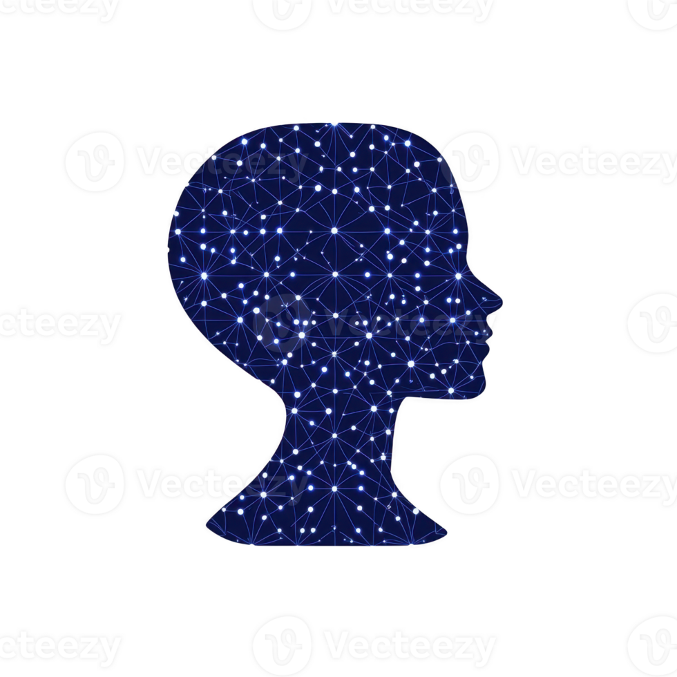 silhouette of human head is filled with network of interconnected nodes and lines, symbolizing artificial intelligence and neural networks. dark blue background enhances futuristic theme png