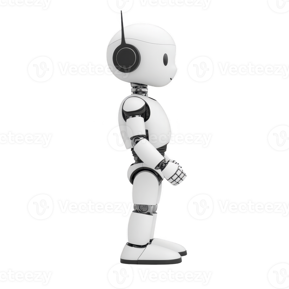 cute humanoid robot with headphones stands profile, showcasing its sleek white design and articulated joints. robot friendly appearance and modern technology highlight its potential png