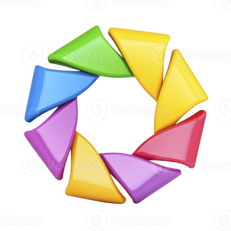 colorful abstract 3D spiral design features vibrant geometric shapes circular arrangement creating dynamic and modern visual. bright colors include blue green yellow red and purple adding playful png