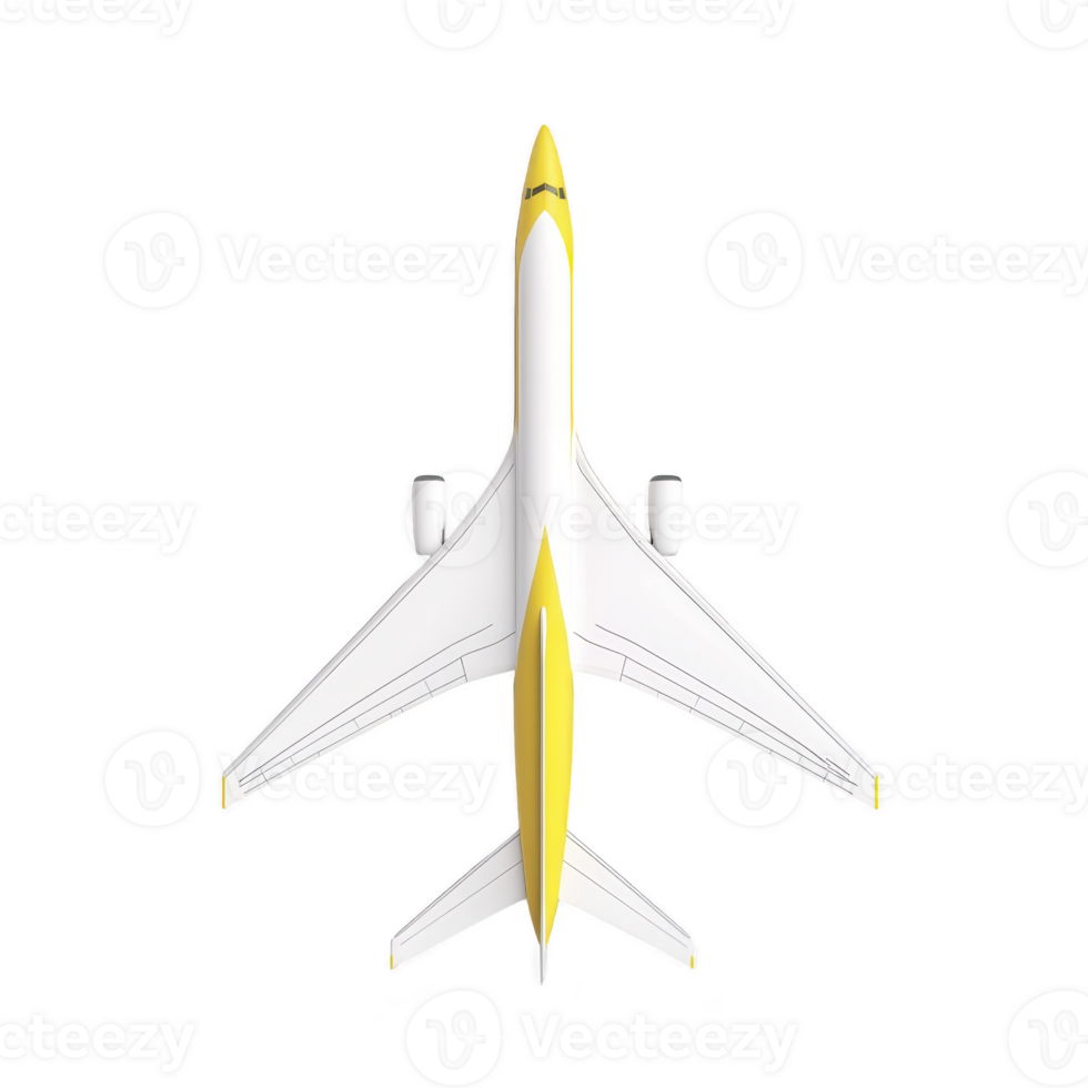 top view of white and yellow airplane with sleek design and twin engines, showcasing modern aviation technology. aircraft is isolated on transparency background png