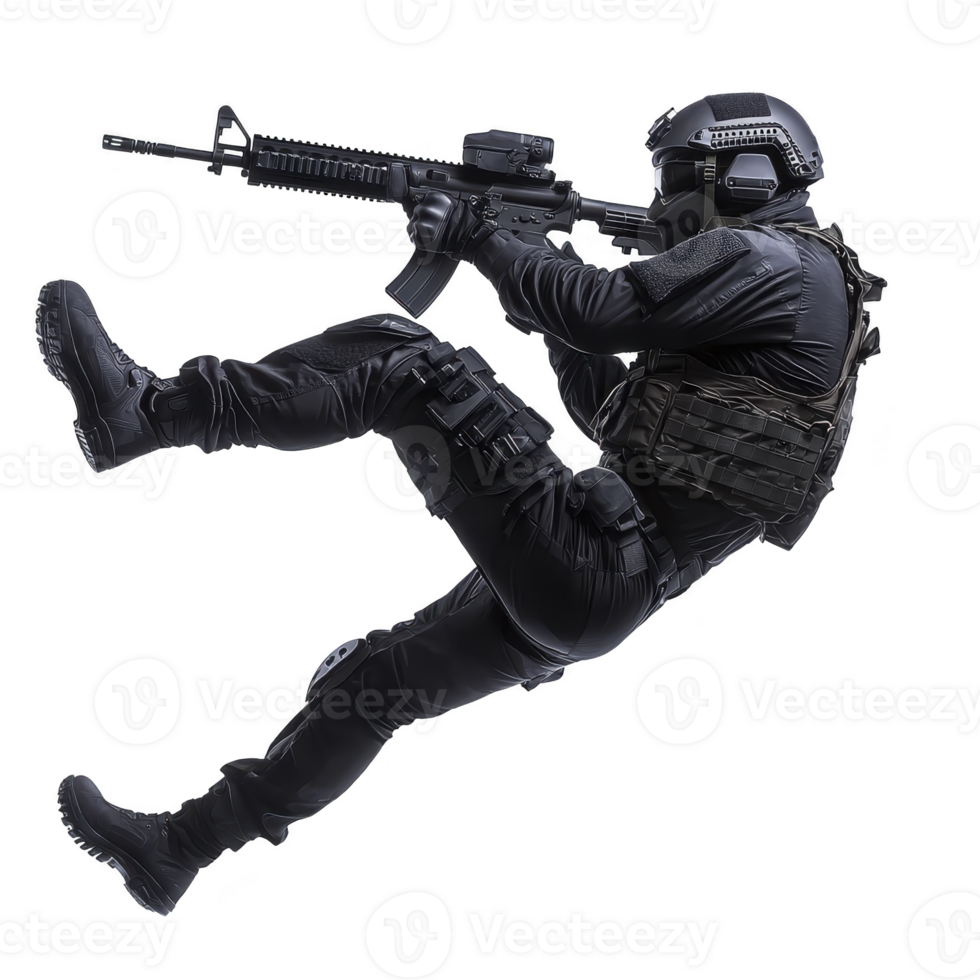 tactical soldier in full gear is dynamically posed, aiming rifle while suspended in mid air. soldier wears helmet and protective vest, conveying action and intensity png