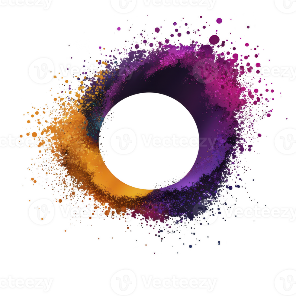vibrant circular splash of colorful powder, featuring shades of purple, orange, and pink, creates dynamic and energetic design against transparency background png
