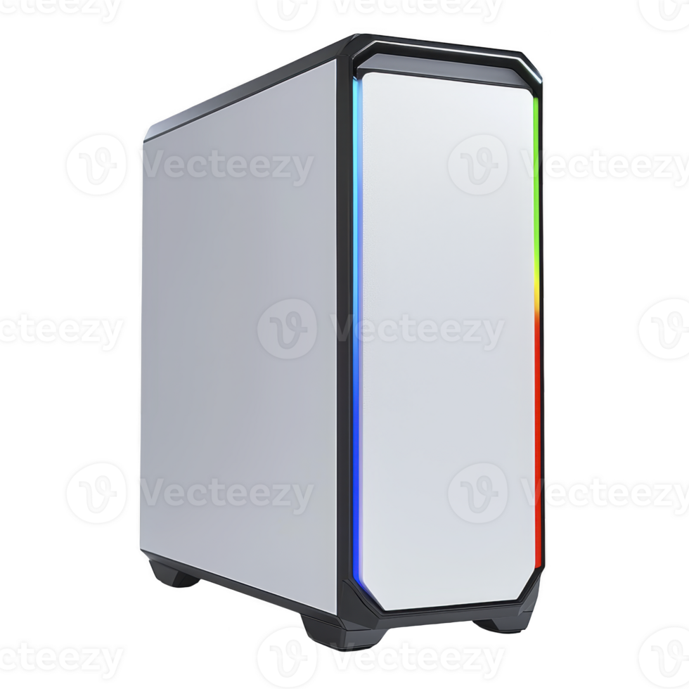 sleek, modern computer tower with minimalist design and RGB lighting accents, perfect for gaming or professional use. case features reflective front panel and sturdy build png