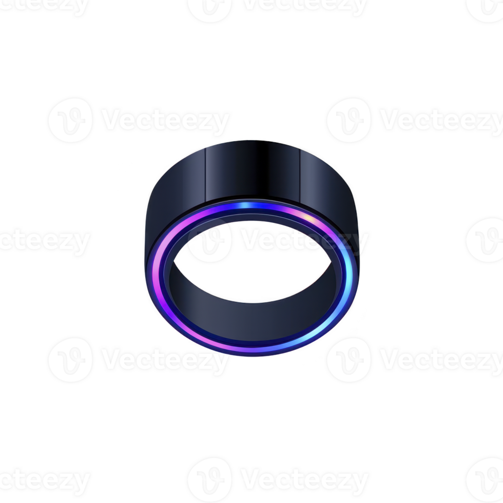 sleek, modern black ring with glowing blue and purple LED light encircling its surface, creating futuristic and stylish appearance. ring smooth finish and vibrant colors make it eye catching png