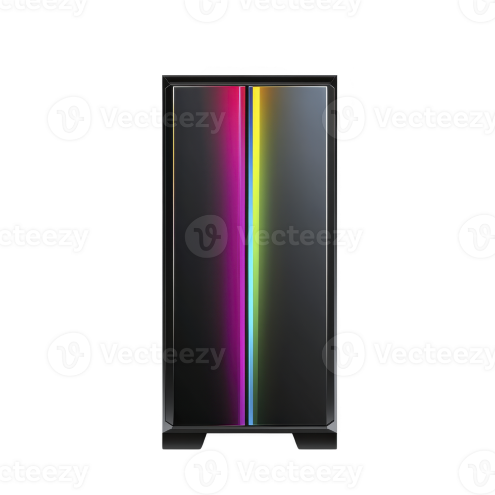 sleek black computer tower with vibrant vertical RGB light strip on front panel, showcasing spectrum of colors from red to blue. design is modern and eye catching png