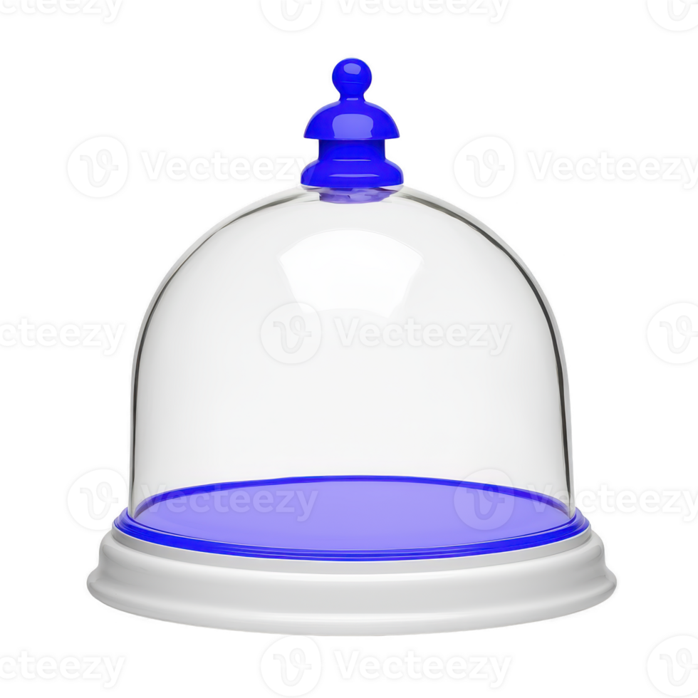 clear glass dome with blue base and handle, used for covering and displaying food items, stands elegantly. design is simple yet functional, perfect for kitchen or dining settings png