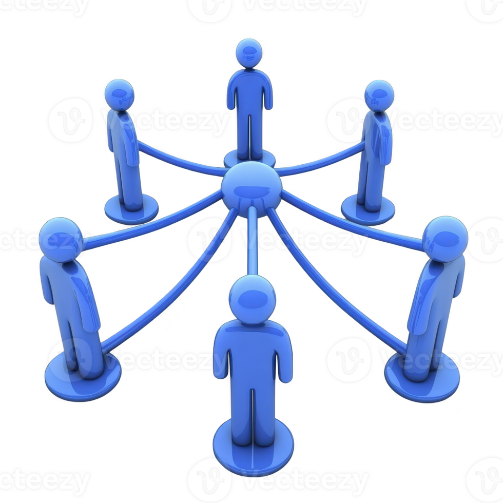 group of blue 3D figures are connected in network, symbolizing teamwork and communication. figures are arranged in circle, each linked to central hub, representing collaboration png