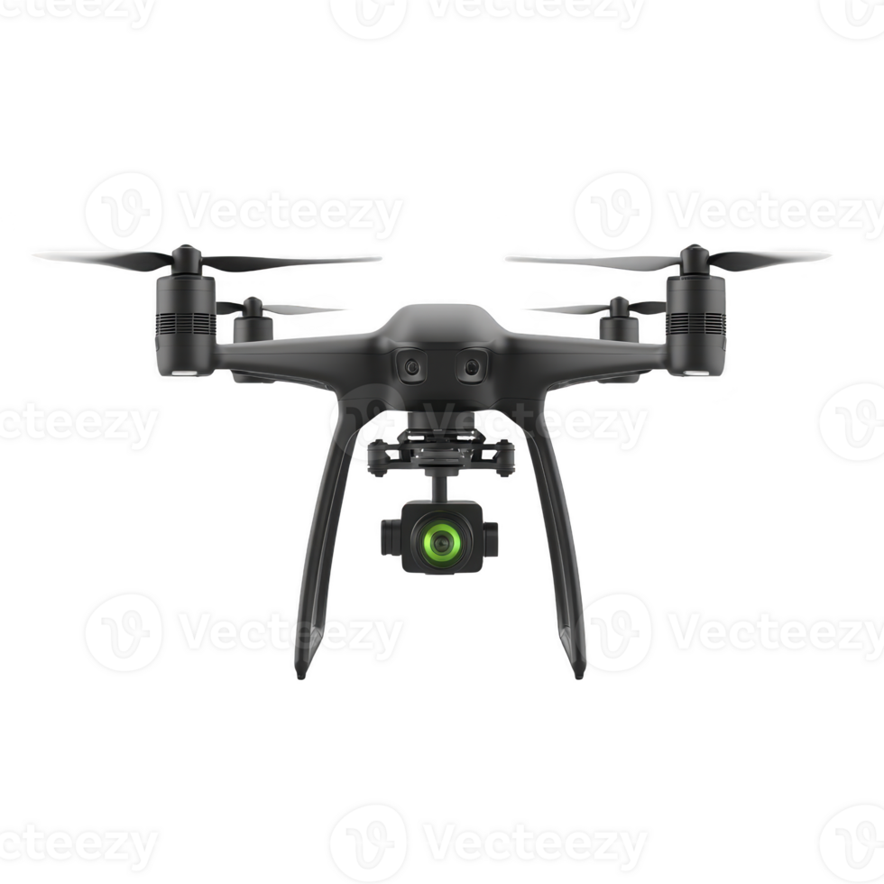 sleek black quadcopter drone with camera is shown, featuring four propellers and compact design. camera is centrally mounted, indicating its use for aerial photography or videography png