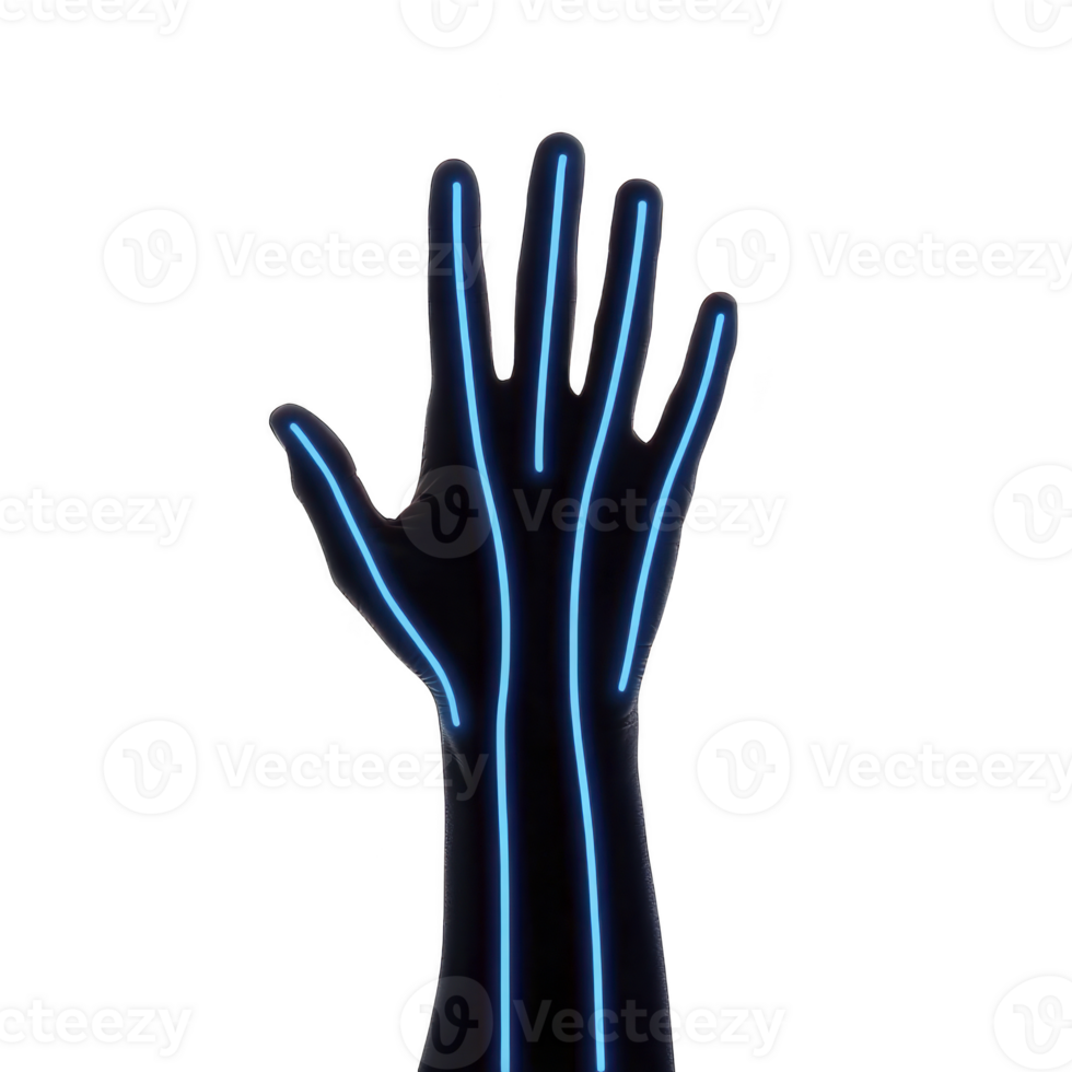 digital illustration of hand with glowing blue lines tracing fingers and palm, set against transparency background, creating futuristic and technological feel png