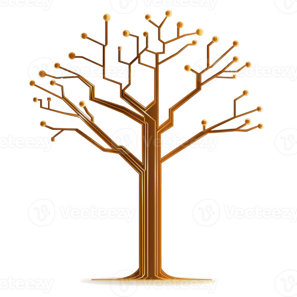 stylized tree with circuit like branches symbolizes fusion of nature and technology, representing growth and innovation. design is sleek and modern, with metallic finish png