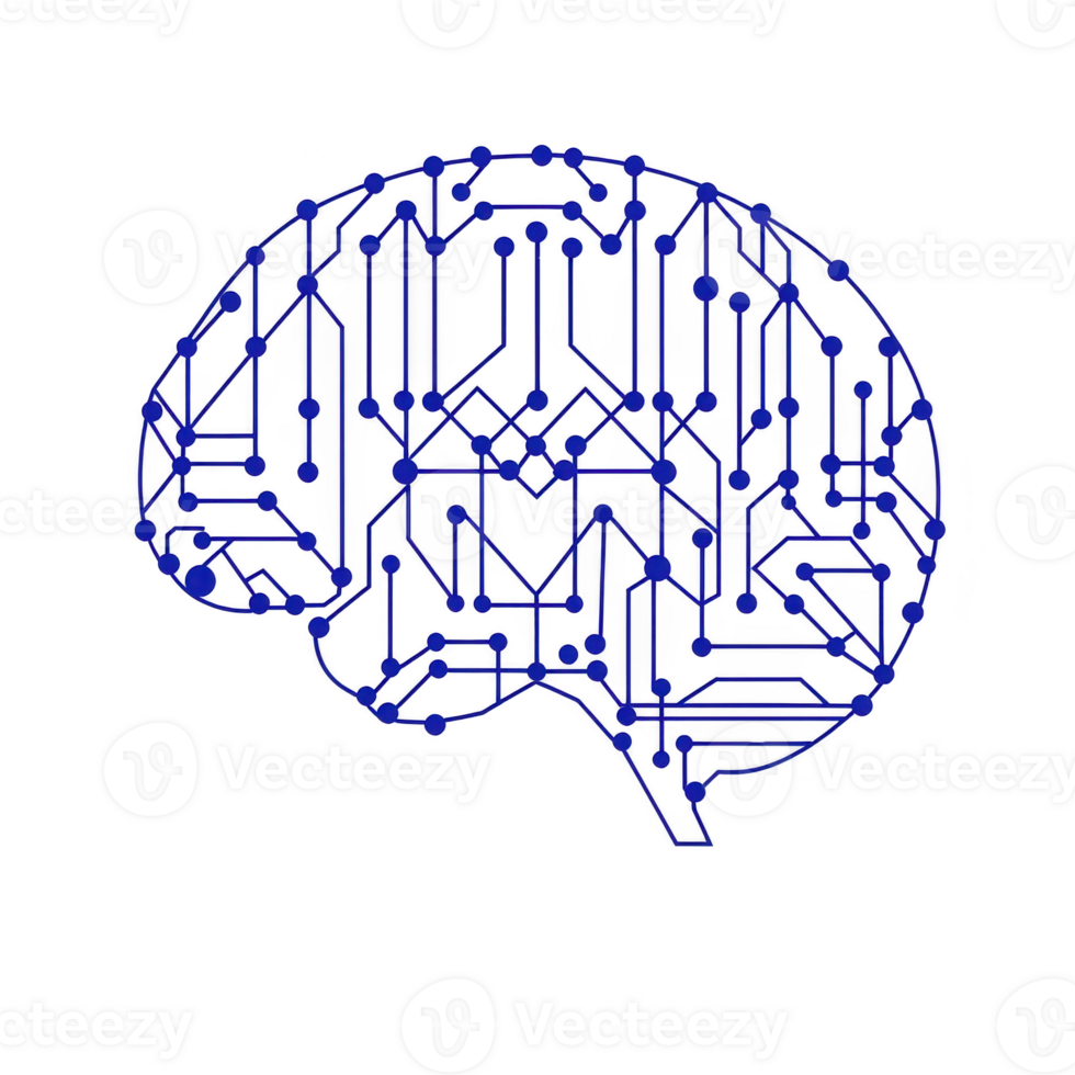digital illustration of brain with interconnected circuits symbolizes artificial intelligence and technology. design features blue lines and nodes, representing neural networks and innovation png
