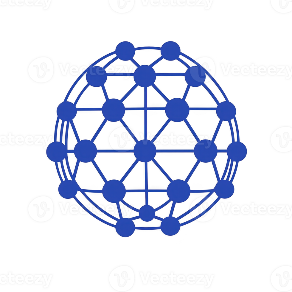 blue geometric globe design with interconnected nodes and lines symbolizes global connectivity and network systems. pattern suggests digital or technological theme, emphasizing communication png
