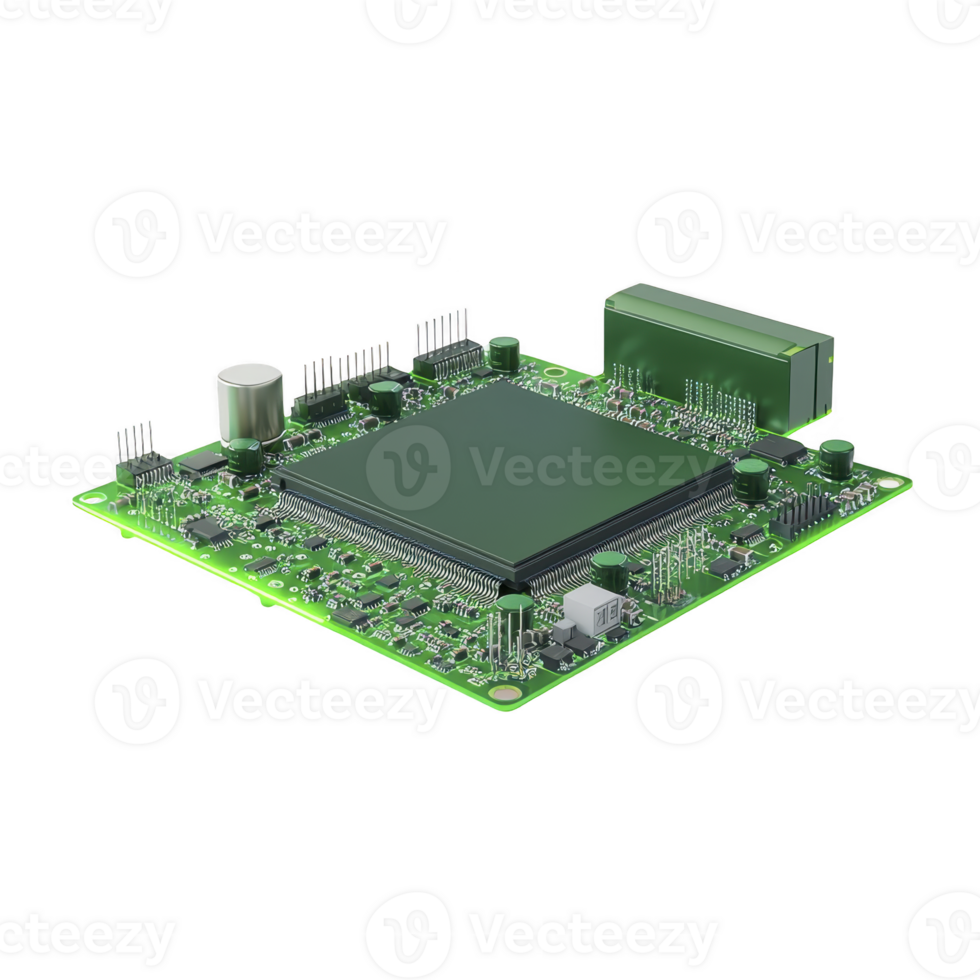 green circuit board with various electronic components, including capacitors and connectors, is shown. intricate design highlights complexity and precision of modern technology png