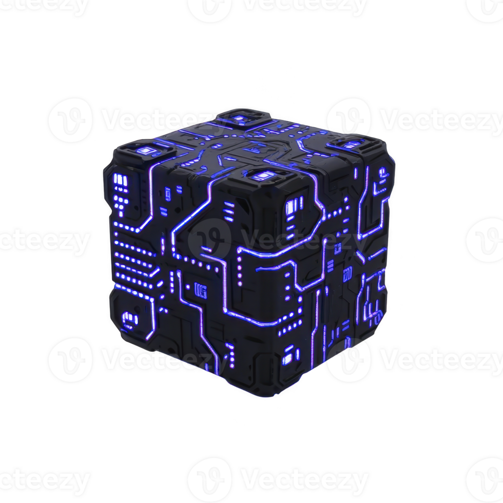 futuristic black cube with glowing blue circuit patterns, resembling advanced technology or sci fi artifact. intricate design suggests high tech or digital theme png