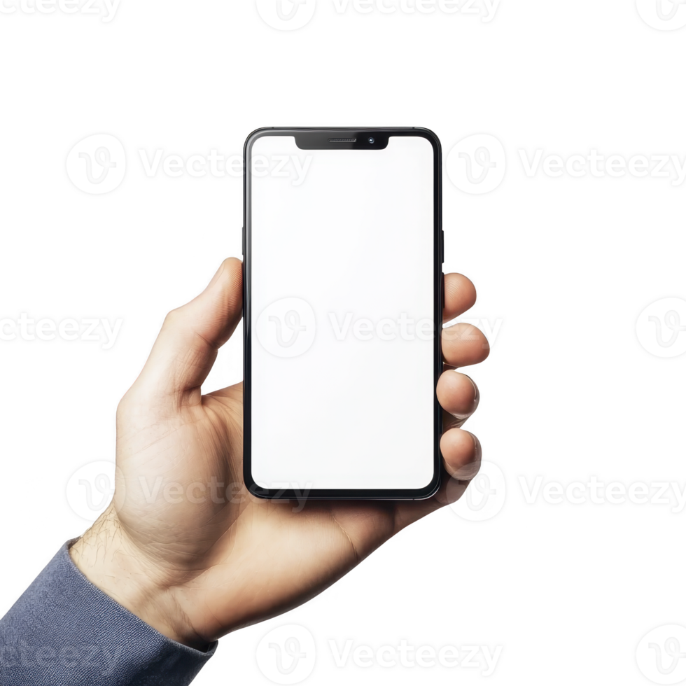 hand holding modern smartphone with blank white screen, isolated on transparency background. phone is held in relaxed grip, showcasing its sleek design and large display png