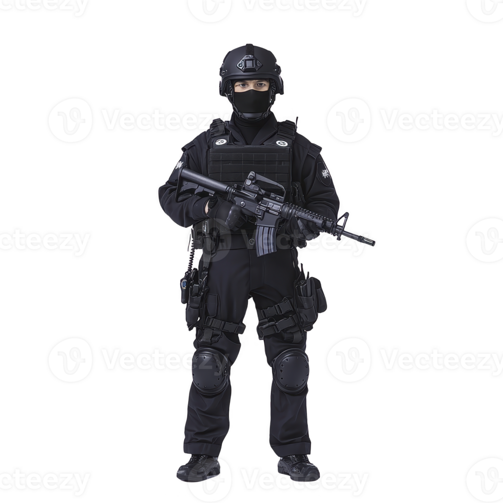 tactical officer in full black gear stands confidently holding rifle, wearing helmet and face mask. uniform includes protective pads and various equipment, suggesting readiness for action png