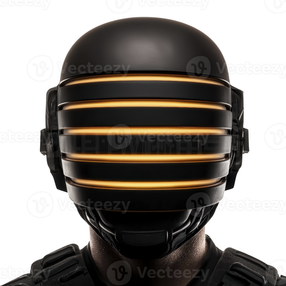 futuristic helmet with glowing horizontal lines creates sleek, modern look. dark, reflective surface contrasts with bright, illuminated stripes, evoking sense of mystery and technology png