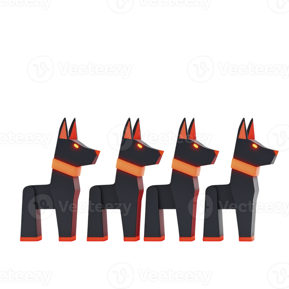 Four stylized black and red dog figures with glowing eyes stand in row, showcasing modern, geometric design. figures have sleek, angular appearance, emphasizing futuristic aesthetic png