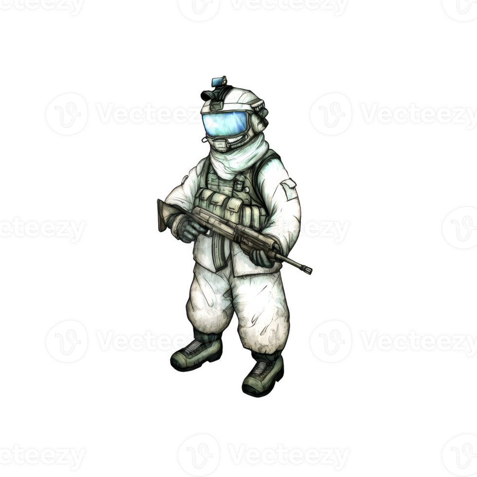 futuristic soldier white armored suit stands ready, holding rifle. soldier helmet features blue visor, and suit is equipped with tactical gear. scene conveys sense of readiness and advanced png
