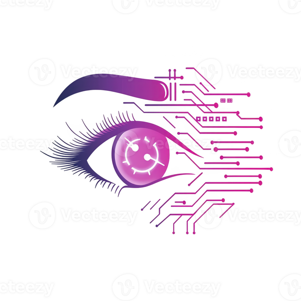 digital eye with circuit patterns and smiley face in pupil symbolizes fusion of technology and emotion, highlighting concept of artificial intelligence with playful twist png