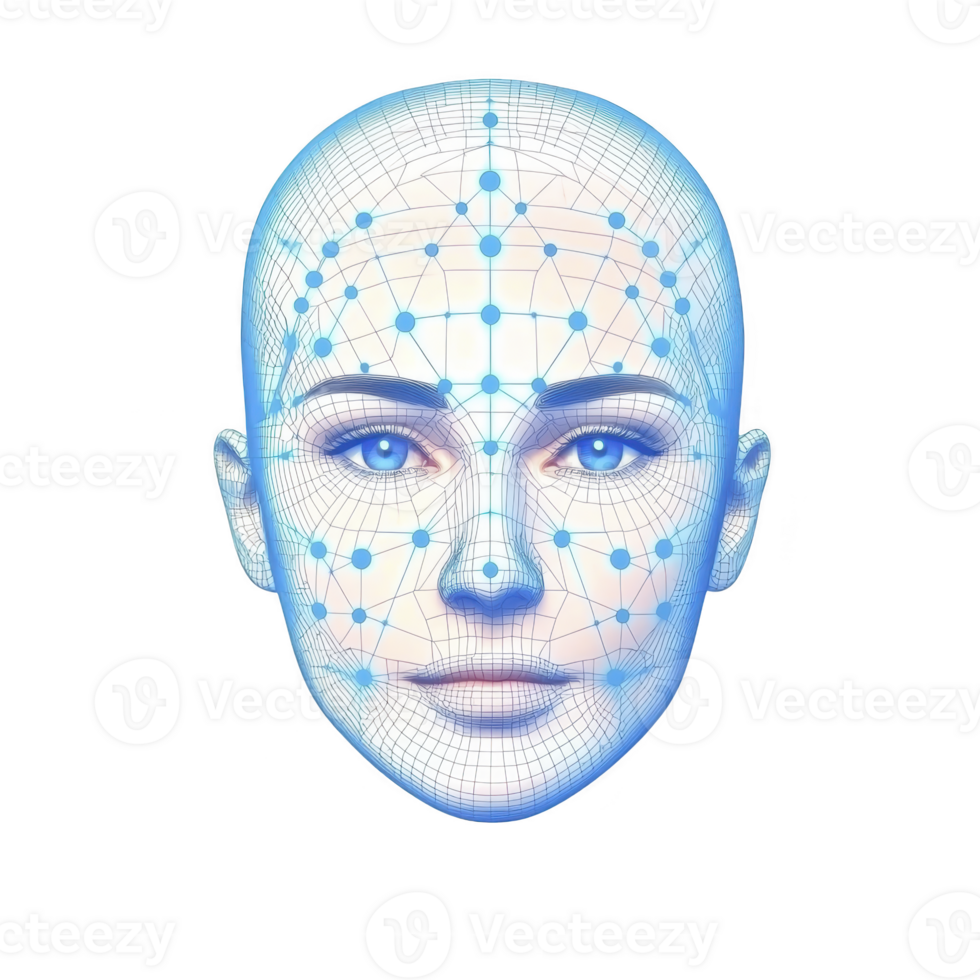 digital illustration of human face with network of blue nodes and lines represents facial recognition technology. futuristic design highlights concept of biometric identification png