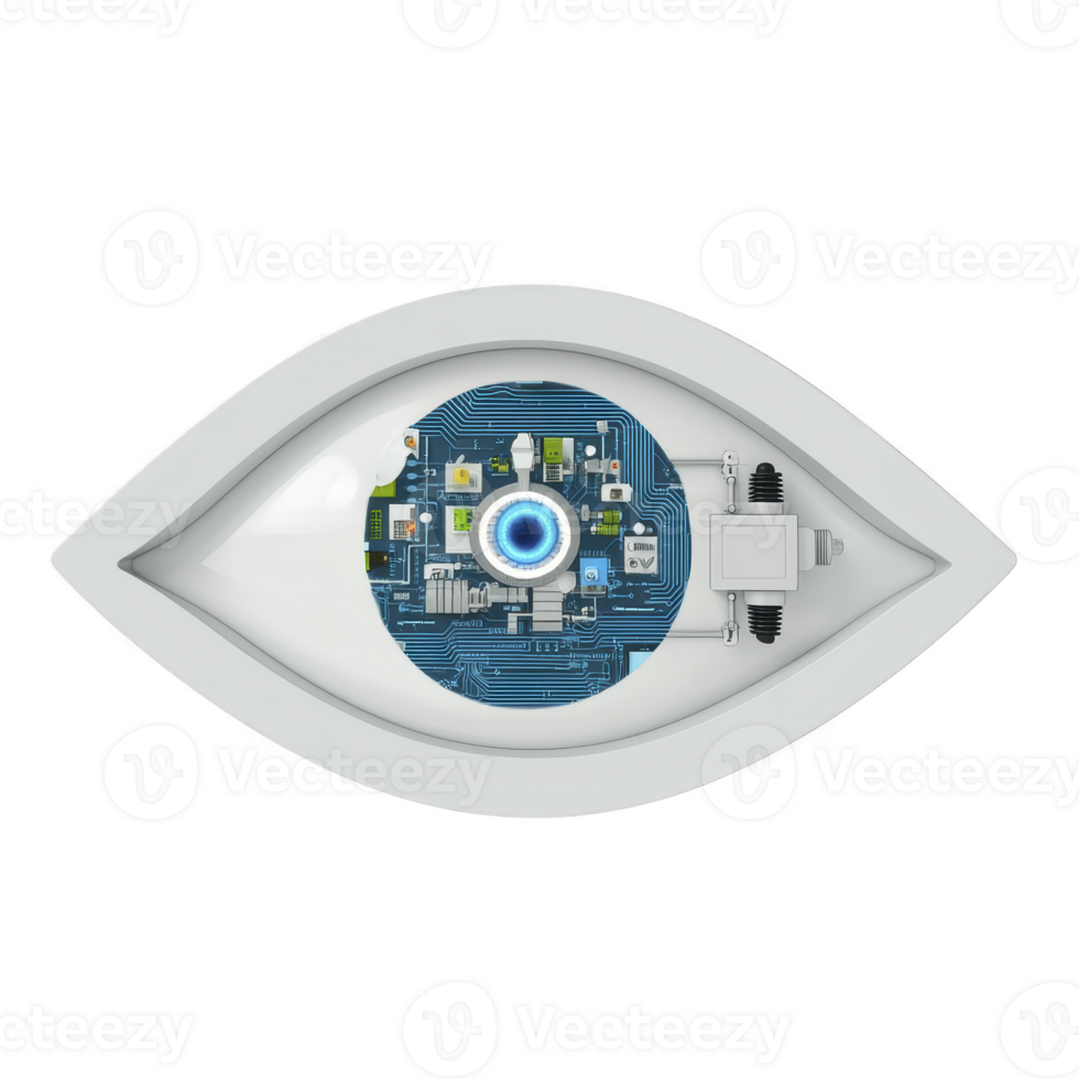 futuristic eye shaped design features digital circuit board at its center, symbolizing integration of technology and vision. blue circuitry contrasts with white frame, evoking innovation png