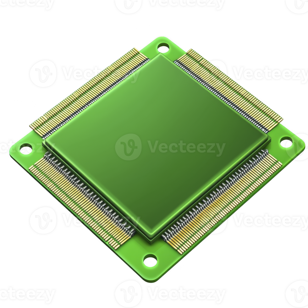 verde computador microchip com ouro conectores, exibindo intrincado eletrônico Projeto e tecnologia. lasca é quadrado com visível alfinetes, destacando Está Função dentro Informática hardware png