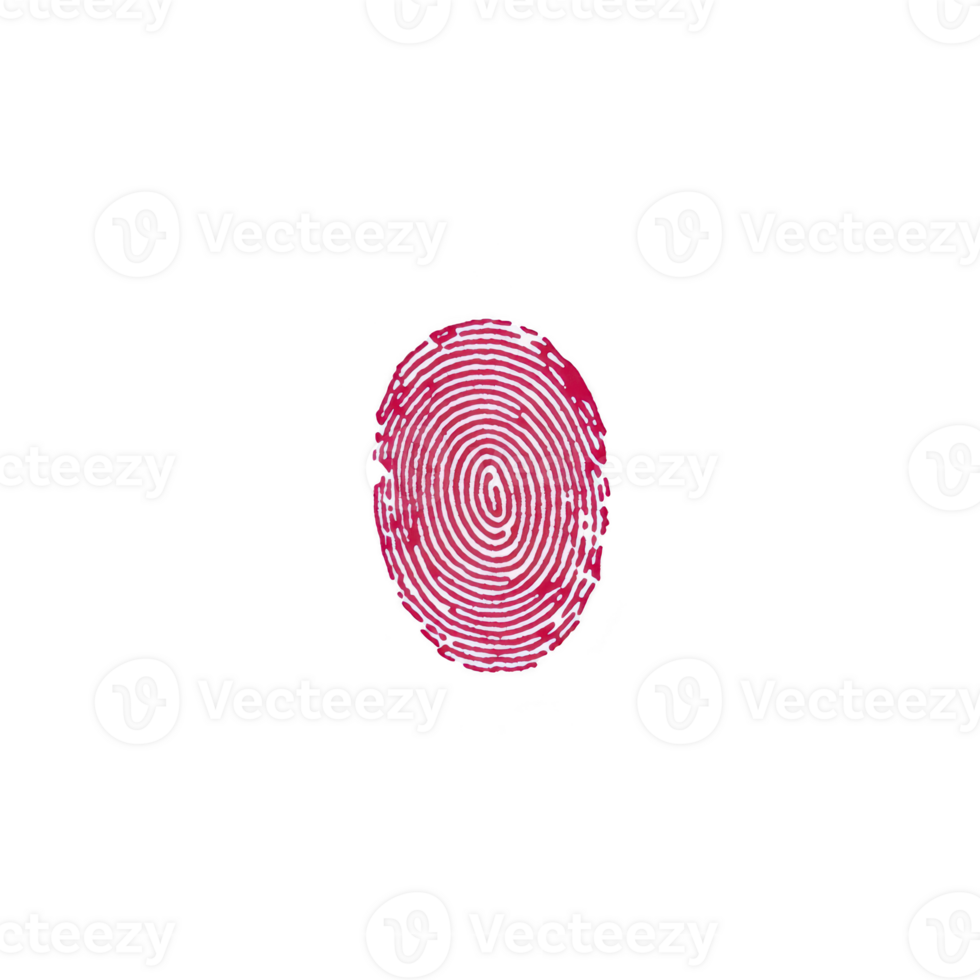 vibrant red fingerprint is centered on transparency background, showcasing intricate patterns and loops. contrast highlights unique details of fingerprint, symbolizing identity and security png
