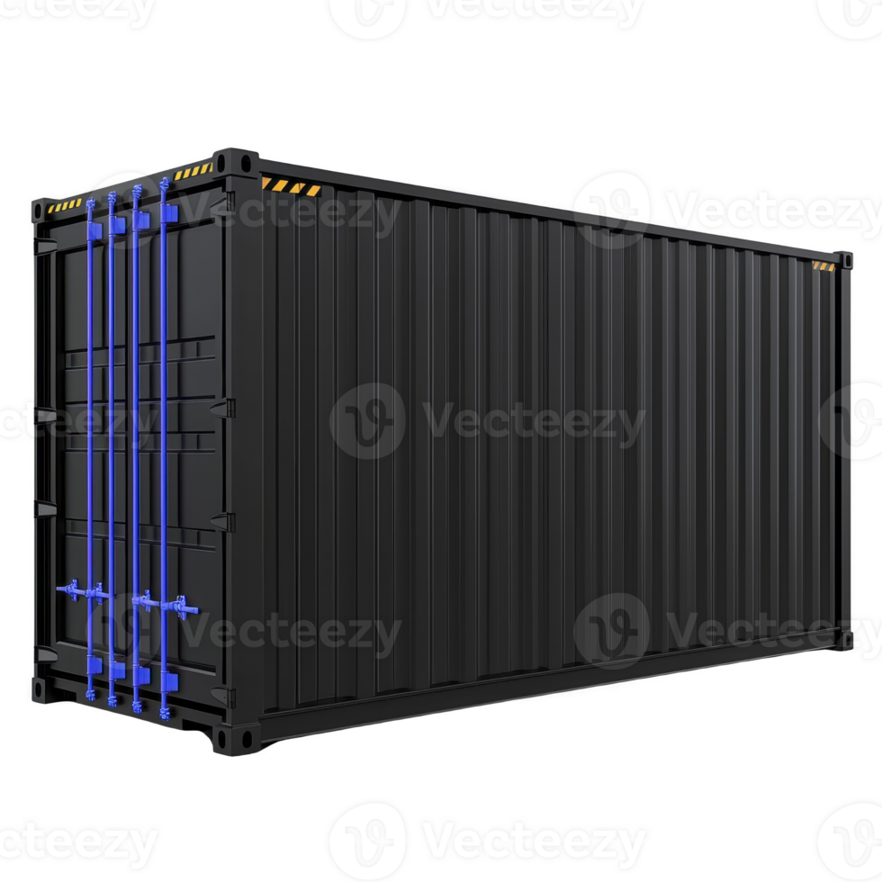large black shipping container with blue accents stands isolated, showcasing its robust design and industrial utility. container sleek appearance is enhanced by its modern color scheme png