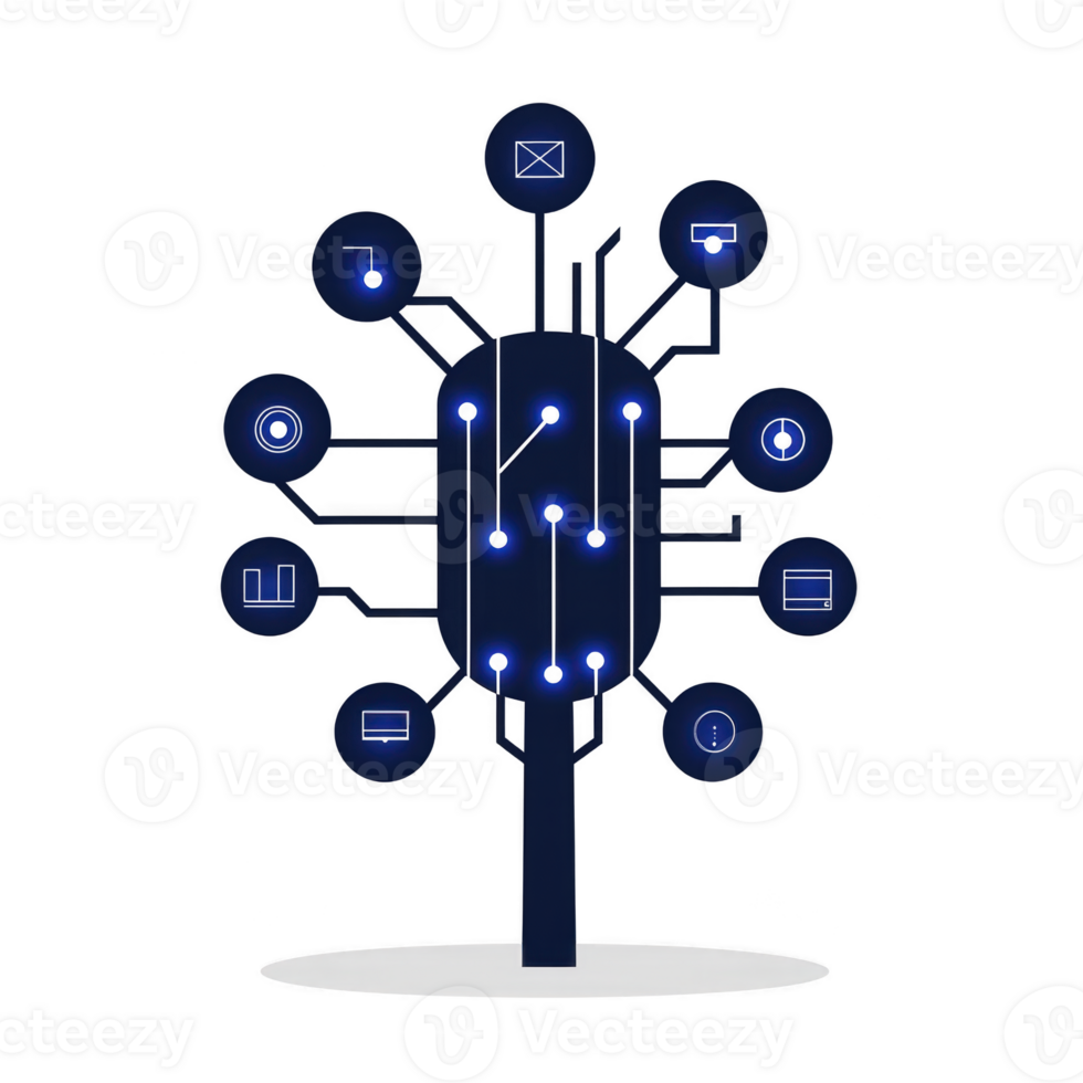 digital tree with interconnected nodes represents technology and communication, featuring icons for various digital functions. dark blue color scheme adds futuristic feel png