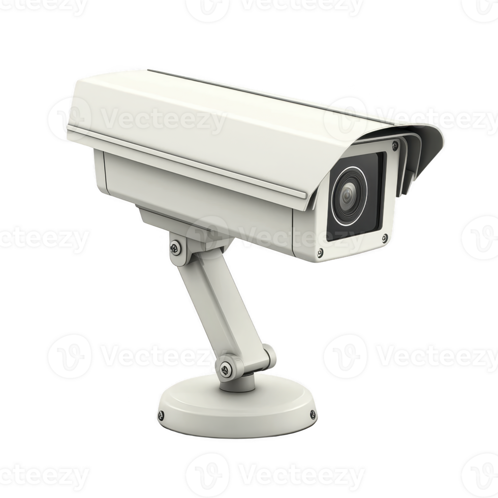 white security camera with sleek design is mounted on adjustable stand, suitable for outdoor surveillance. camera features protective casing and lens for monitoring png