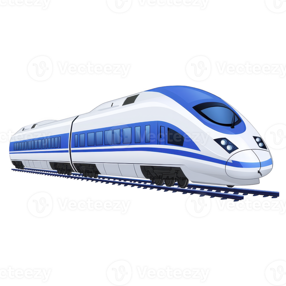 sleek, modern high speed train with blue and white design, showcasing aerodynamic features and large windows, traveling on railway tracks png