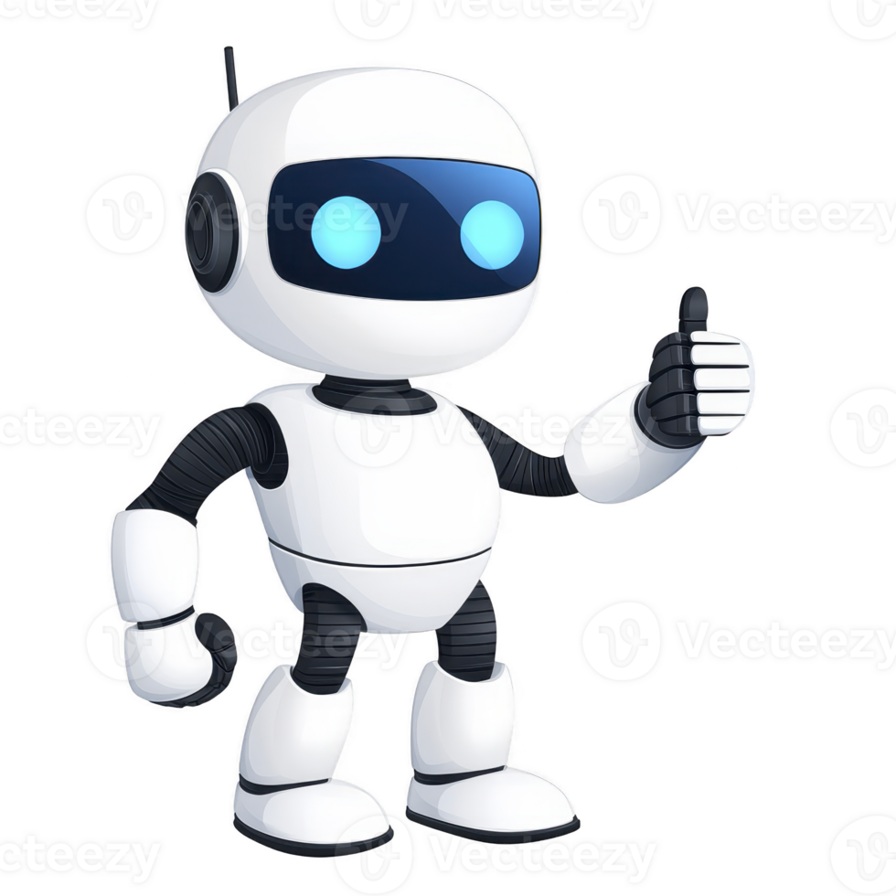 friendly robot character with white and black body gives thumbs up gesture, showcasing positive and approachable demeanor. robot design features sleek, modern look with glowing blue eyes png