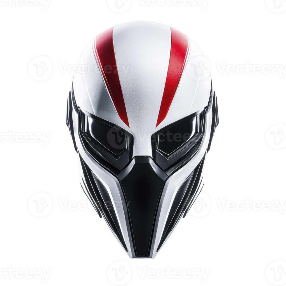 sleek, futuristic helmet with white base and bold red stripes, featuring visor and angular design, evokes sense of mystery and adventure png