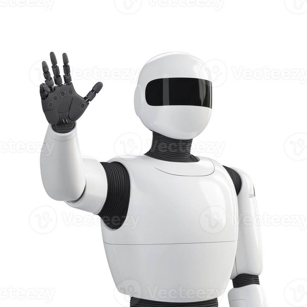 humanoid robot with sleek white design and black accents is waving its hand in friendly gesture. robot features smooth, rounded head with black visor, and articulated joints for movement png