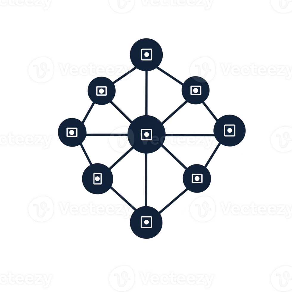 network diagram with interconnected nodes and lines, representing system or process. central node connects to multiple outer nodes, illustrating connectivity and communication png