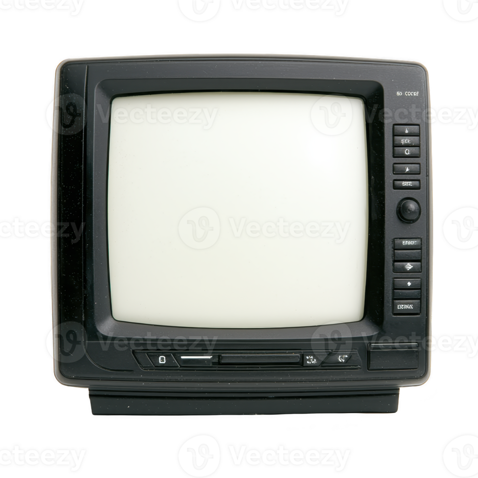 vintage black television set with blank screen and side control buttons evokes nostalgia. retro design and classic style reflect technology from bygone era png