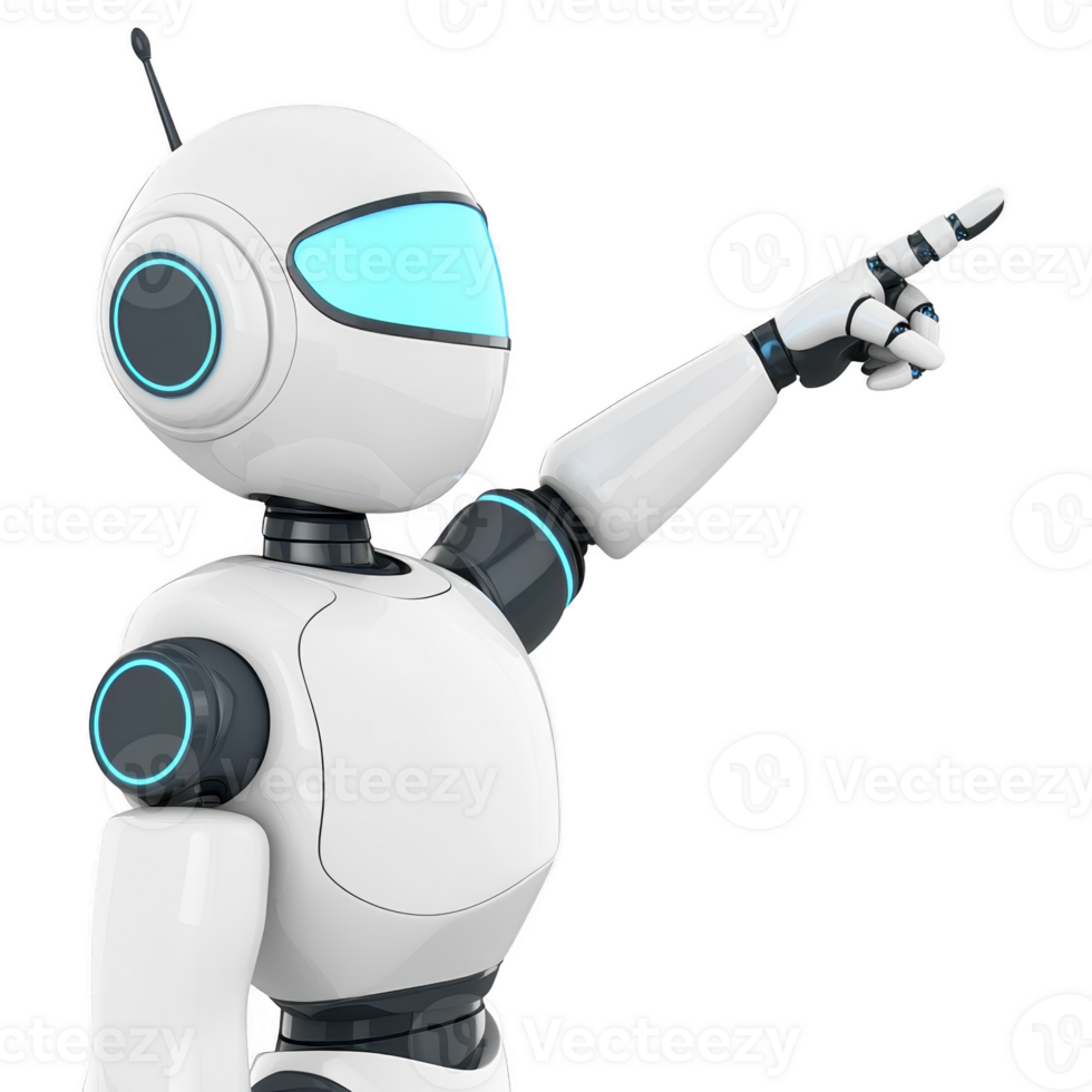 futuristic robot with sleek white and black design is pointing forward, showcasing advanced technology and innovation. robot glowing blue accents add modern touch png
