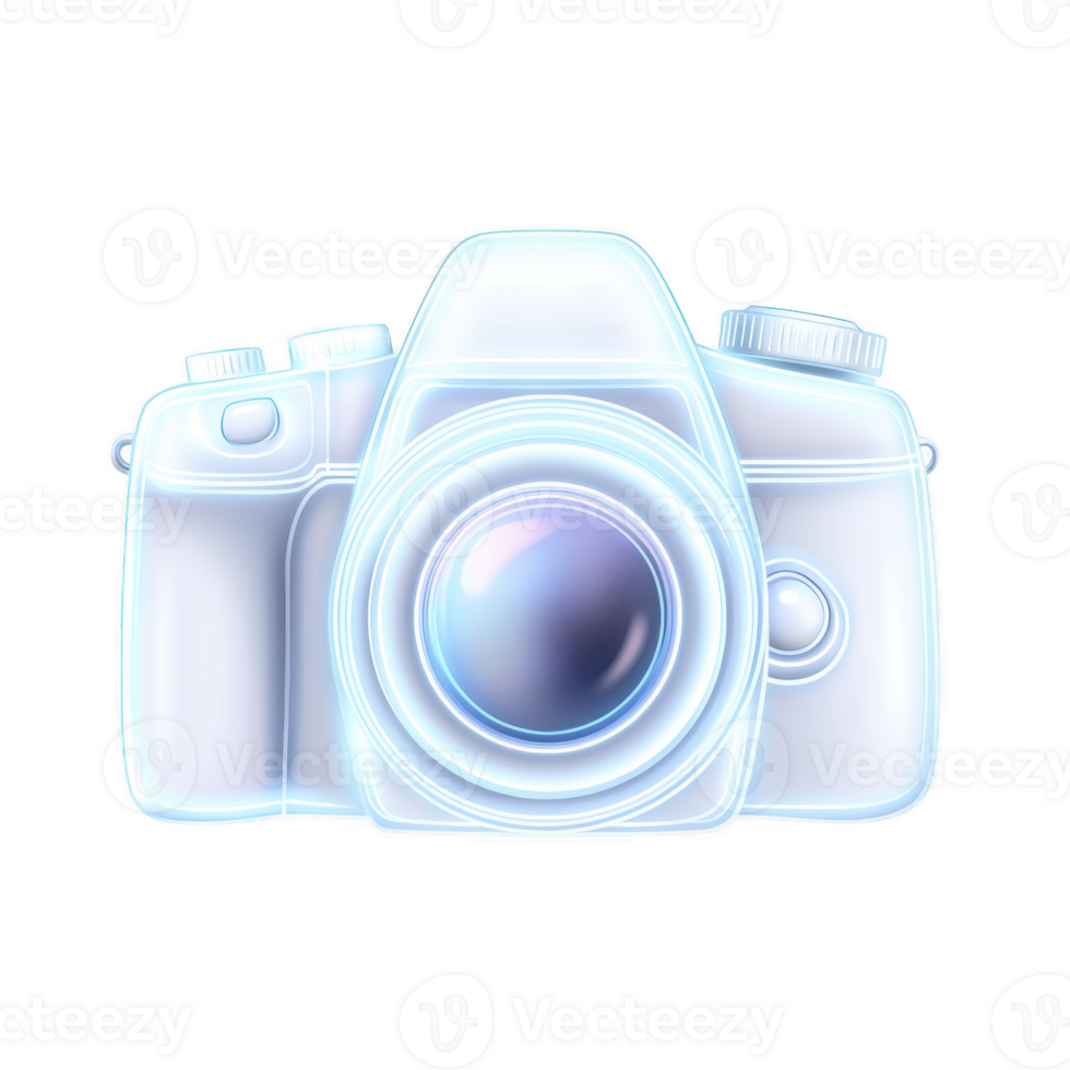 glowing, translucent camera illustration with futuristic design, featuring prominent lens and detailed buttons, evokes sense of modern technology and innovation png