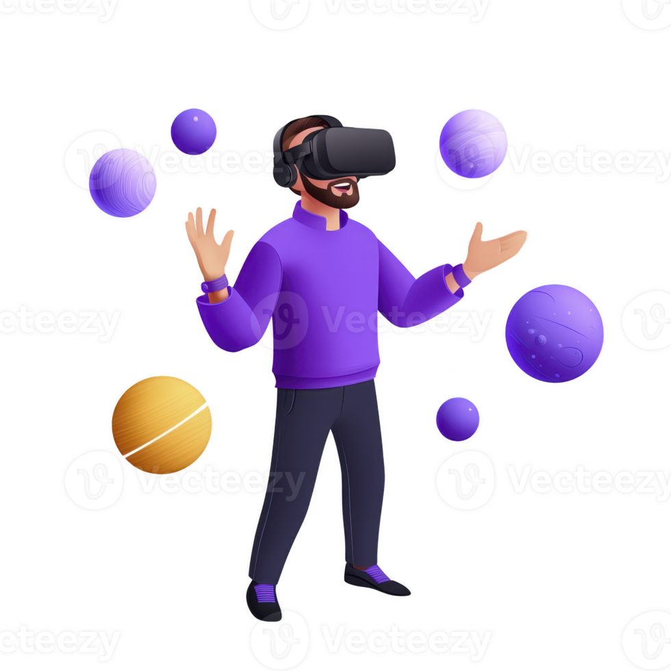 person wearing virtual reality headset is joyfully interacting with floating spheres digital environment. scene is vibrant with purple and gold colors, creating futuristic and immersive atmosphere png