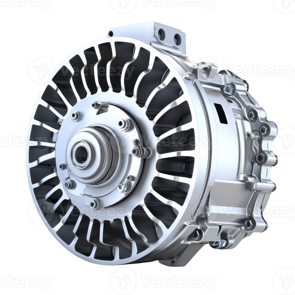 detailed image of metallic automotive component, possibly electric motor or alternator, showcasing intricate design and engineering. shiny surface and complex structure highlight precision png