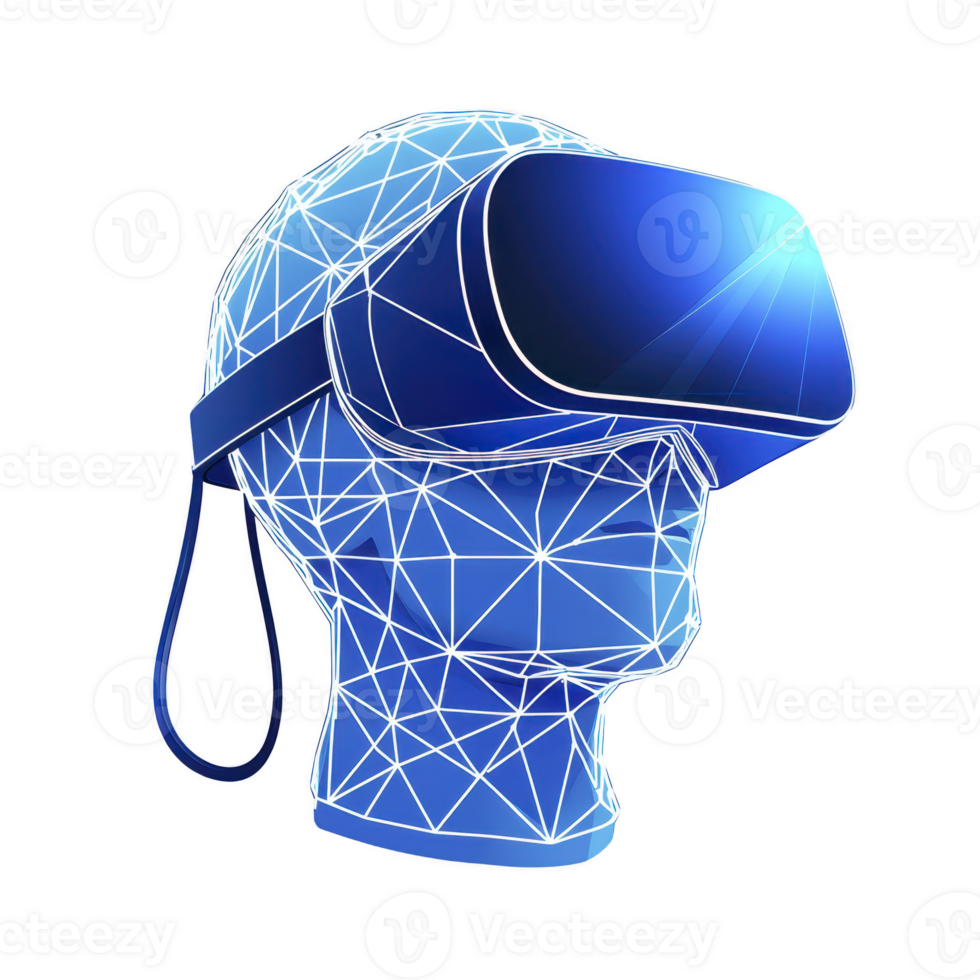 digital illustration of virtual reality headset on wireframe head, showcasing futuristic technology and innovation. blue color scheme adds modern and sleek feel png